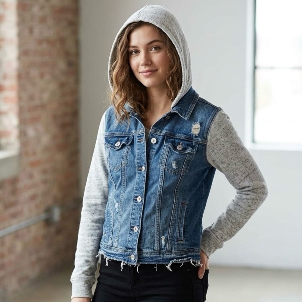 Hollister Mixed Media Denim Hoodie Jacket Frayed Hem Distressed Grunge Urban Y2K
